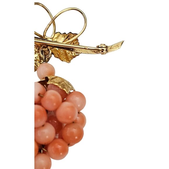 Glass Coral Bead Grape Cluster Brooch, Vermeil 800 Silver Vine Dangle Pin L532 - Picture 7 of 8
